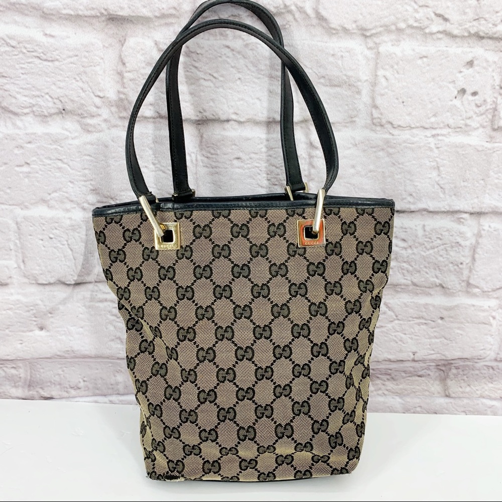 •Gucci• Small Monogram Vintage Tote Bag Black Tan - Picture 2 of 8